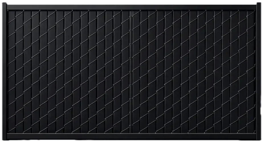 Modern black chain link fence panel with privacy slats, front view