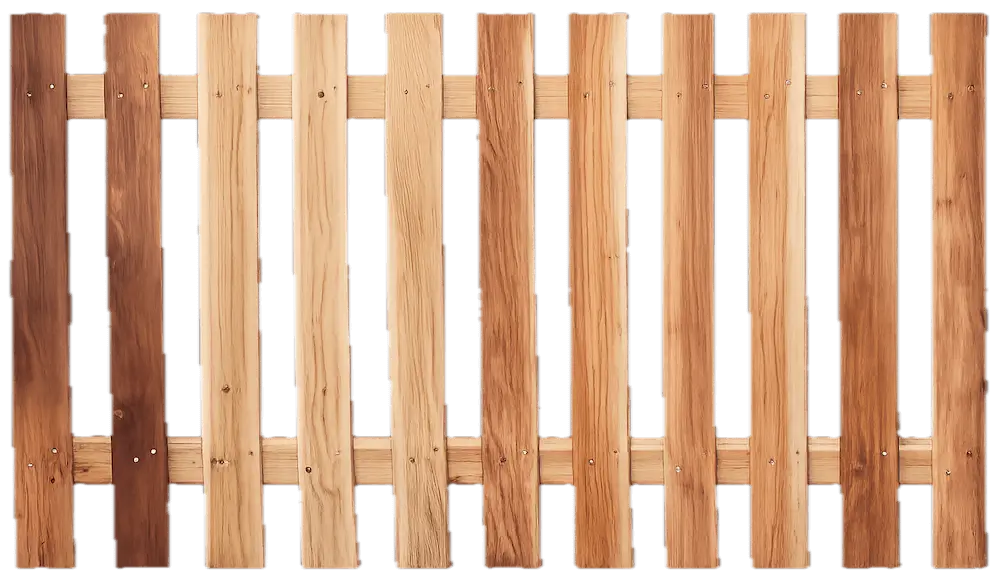 Wooden picket fence panel with natural wood boards, front view